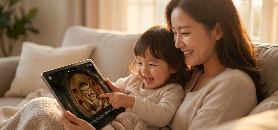 부모와 아이가 함께 동화를 읽는 모습
